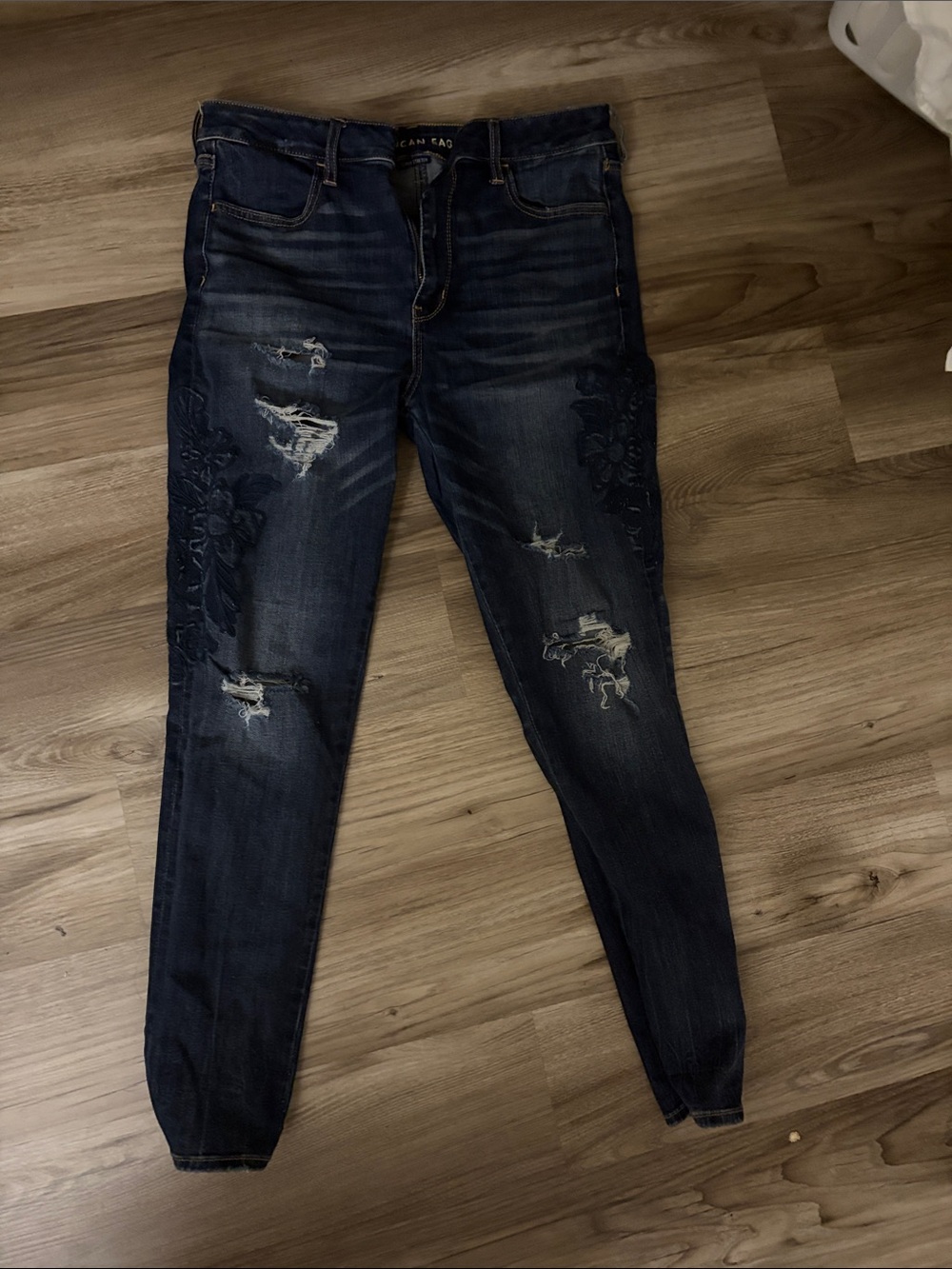 Dark Blue Distressed Women's Jeans with Embroidered Detail
